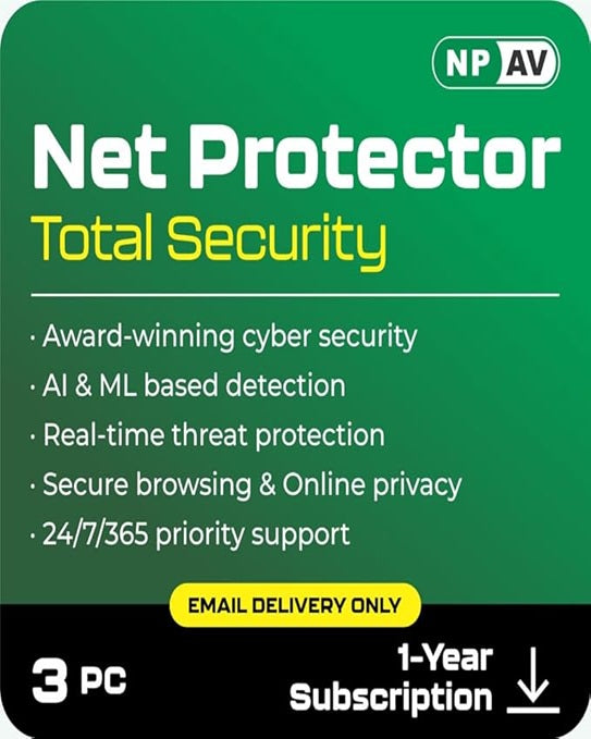 Net Protector Antivirus for PC – Total Security | 3 PCs | 1 Year | Email Delivery (No CD)