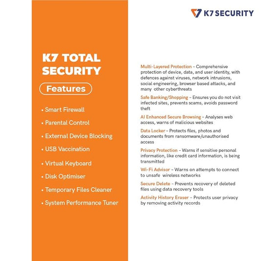K7 Total Security, 1 User, 1 Year, Email Delivery In 30 Min, No Cd