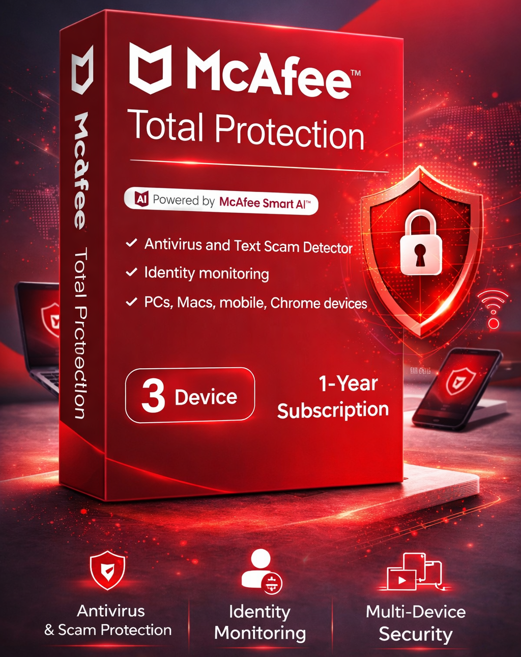 McAfee Total Protection – 3 Devices | 1 Year | Email Delivery